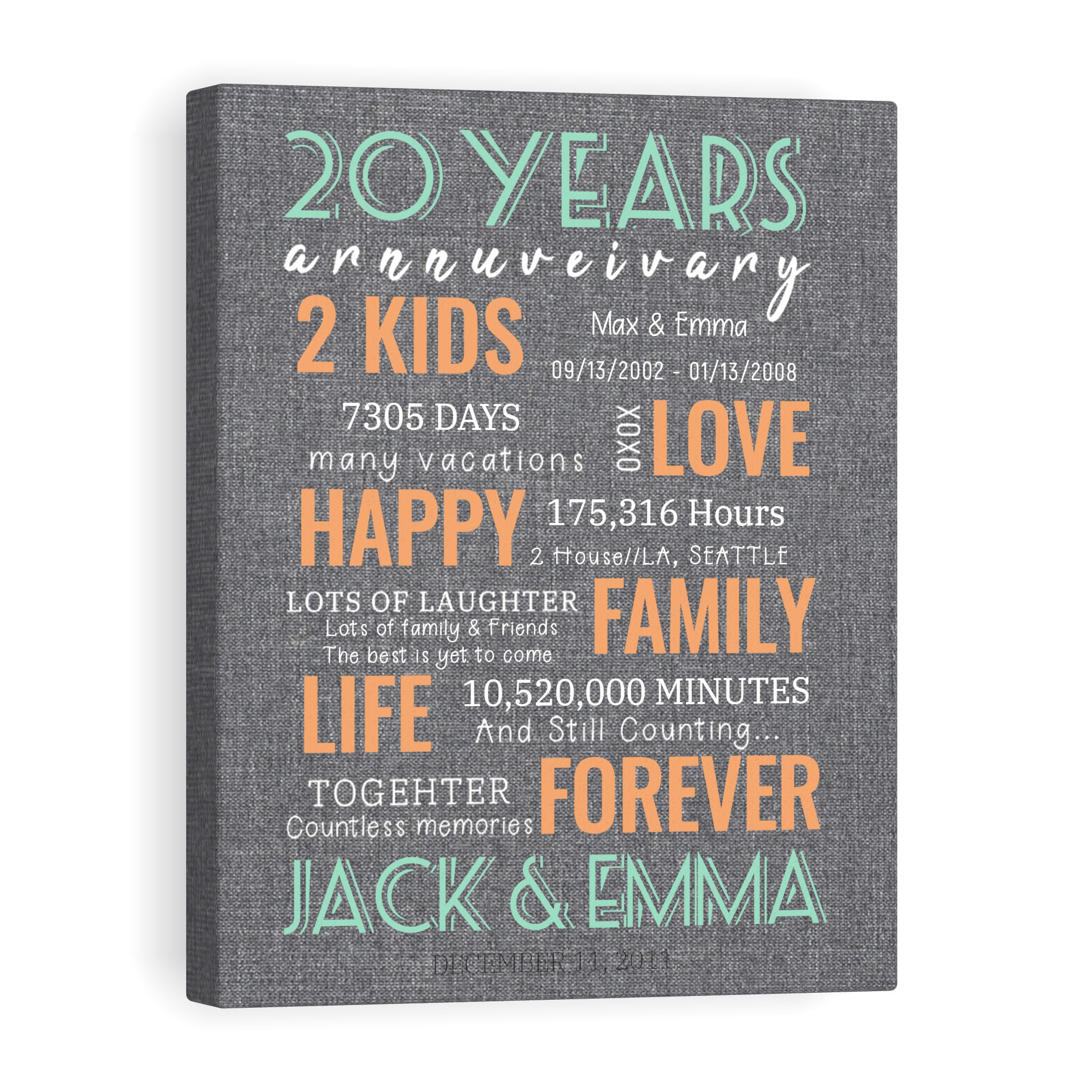20 Year Milestone Anniversary - Personalized Canvas Print Anniversary Gifts