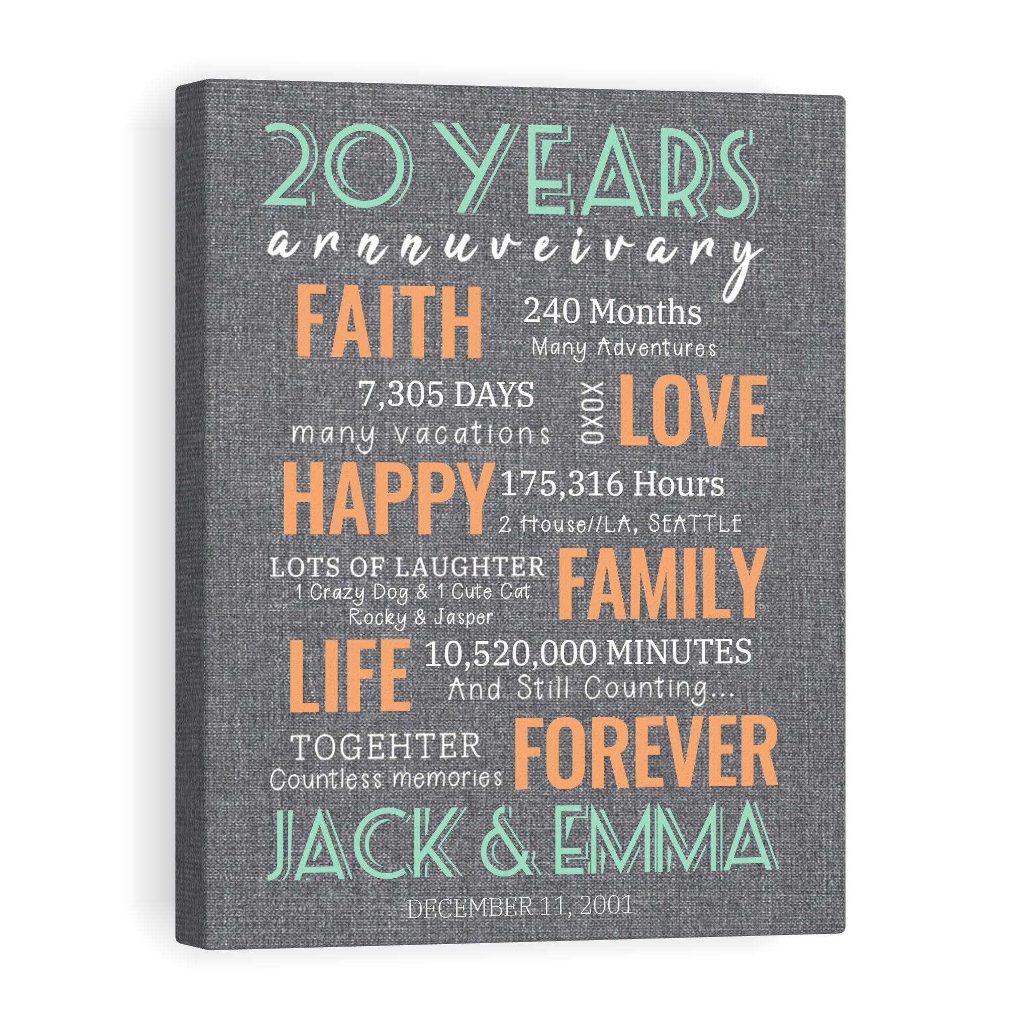 20 Year Milestone Anniversary - Personalized Canvas Print Anniversary Gifts