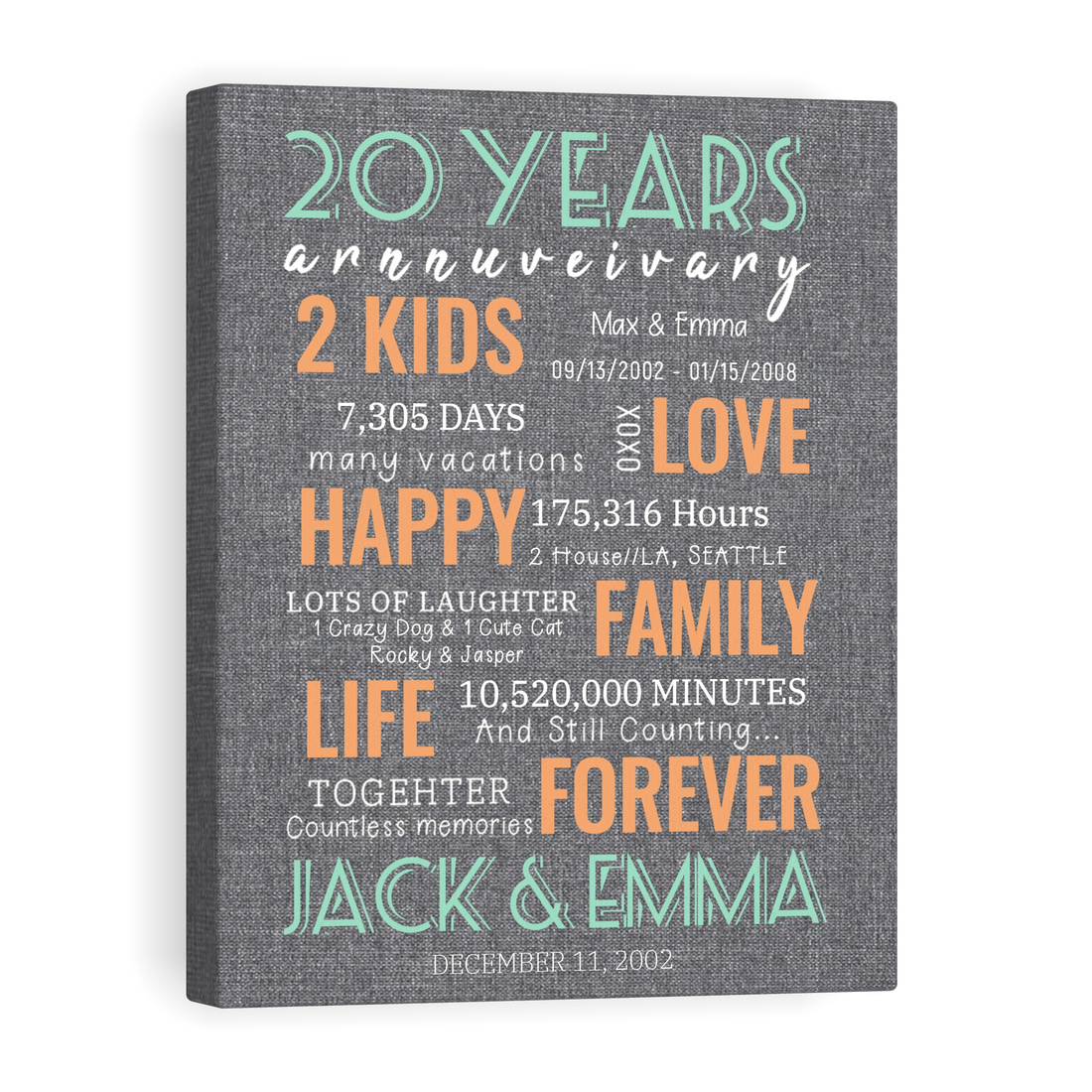 20 Year Milestone Anniversary - Personalized Canvas Print Anniversary Gifts