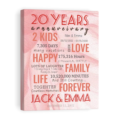 20 Year Milestone Anniversary - Personalized Canvas Print Anniversary Gifts