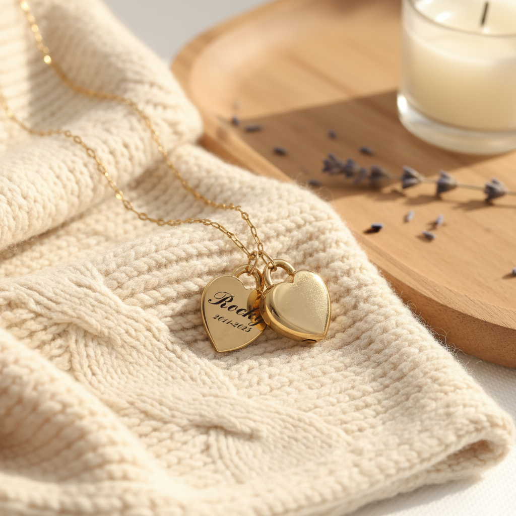 Heart Urn Necklace — Personalized 14K Gold–Plated Double Heart Cremation Pendant